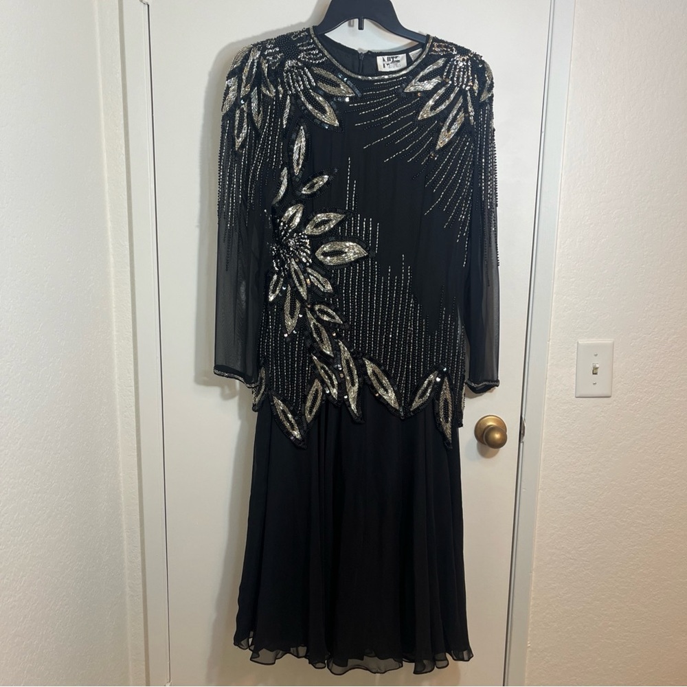 Vtg Nightline Black & Silver Dress Sz 12 Sequins Beaded Mother of the Bride